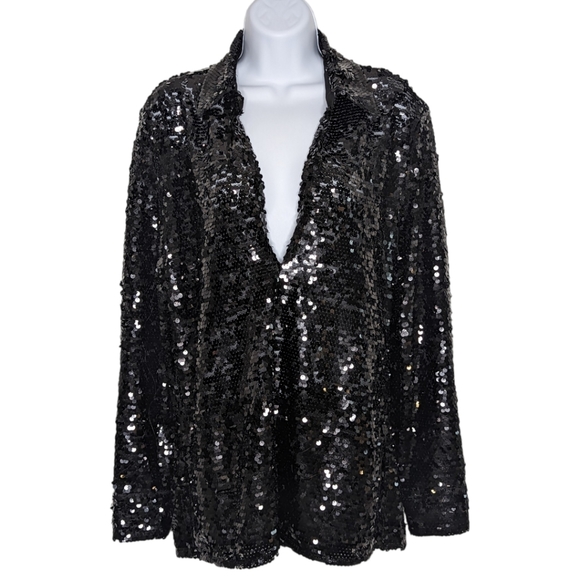 Zara Tops - Zara Black Sequin Flowy Blouse Top V-Neck Lapel Collar Size M